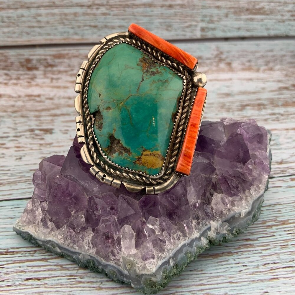 Huge Turquoise & Spiny Oyster Sterling Silver Navajo Native American Vtg Ring - Picture 8 of 11